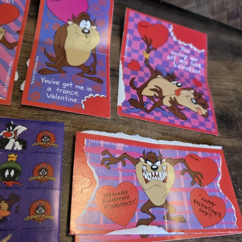 Looney Tunes Tazmanian Devil Valentine's Day Cards & Stickers Lot of 6 Some Used